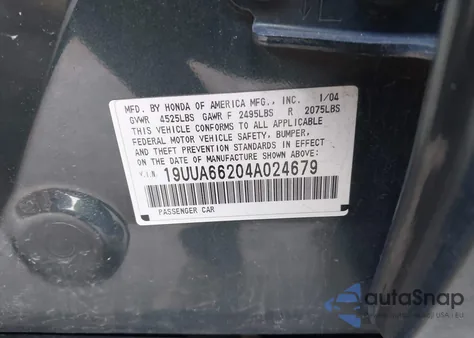 2004 Acura Tl from USA, damaged, VIN 19UUA66204A024679